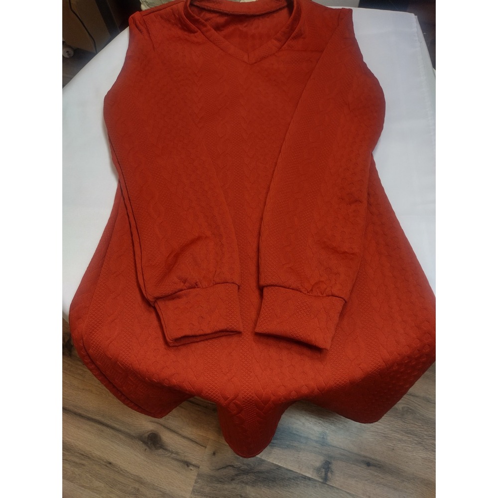 Burnt Orange Textured Cable Knit Pattern V-Neck Long Sleeve Mini Dress Womens M